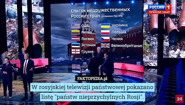 W rosyjskiej telewizji państwowej pokazano
listę "państw nieprzychylnych