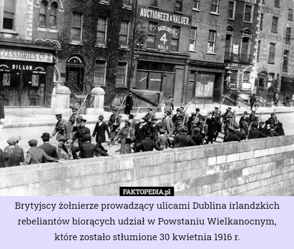 Brytyjscy żołnierze prowadzący ulicami Dublina irlandzkich rebeliantów biorących...