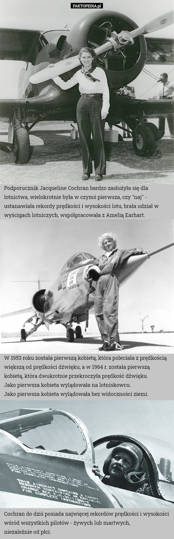 Podporucznik Jacqueline Cochran bardzo zasłużyła się dla lotnictwa, wielokrotnie...