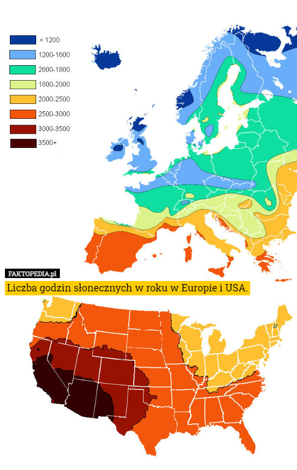Liczba godzin słonecznych w roku w Europie i USA.