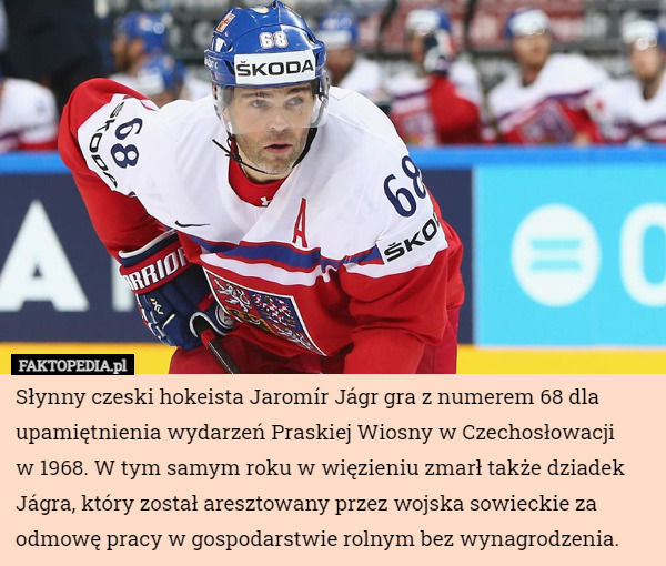 Słynny czeski hokeista Jaromír Jágr gra z numerem 68 dla upamiętnienia wydarzeń...