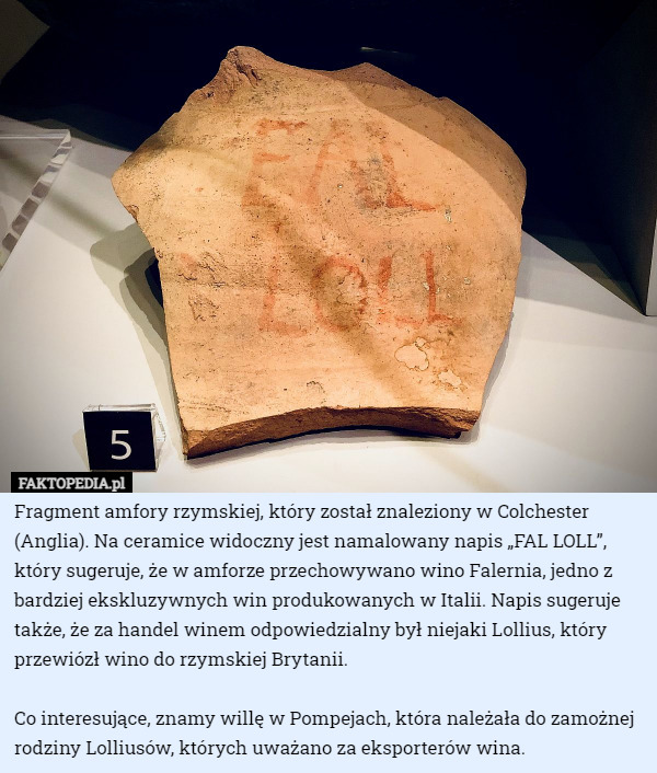 Fragment amfory rzymskiej, który został znaleziony w Colchester (Anglia)...