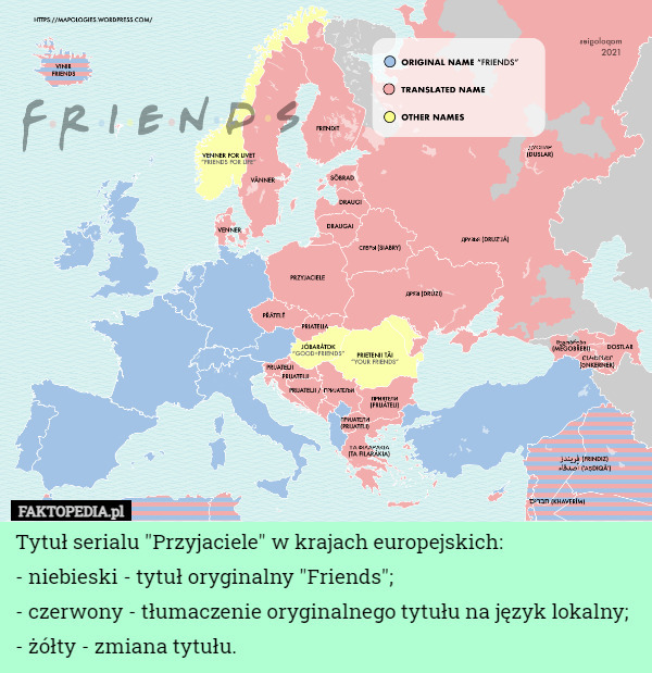 Tytuł serialu "Przyjaciele" w krajach europejskich: niebieski,,,