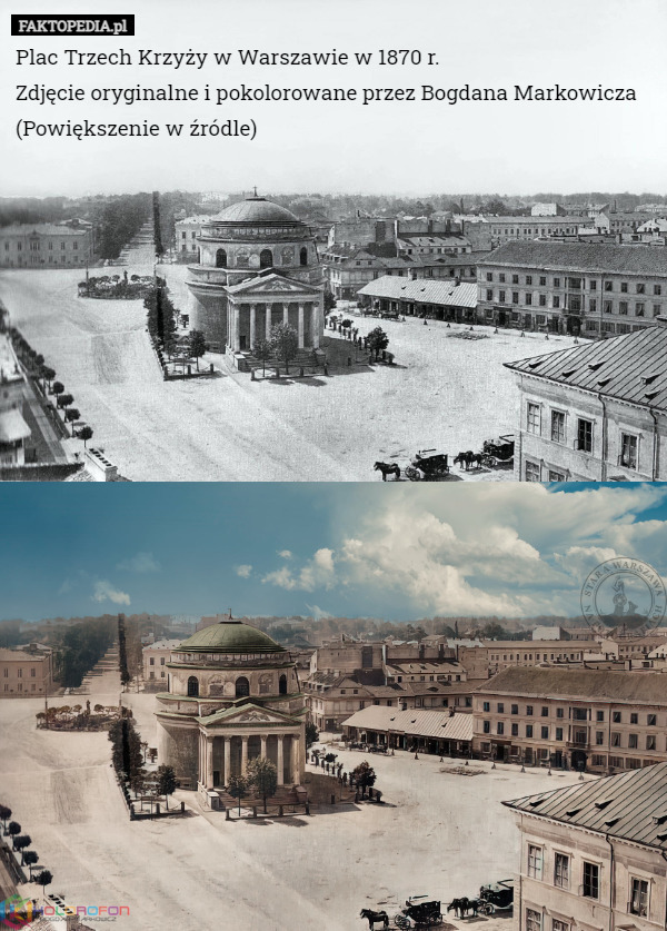Plac Trzech Krzyży w Warszawie w 1870 r. Zdjęcie oryginalne i pokolorowane...