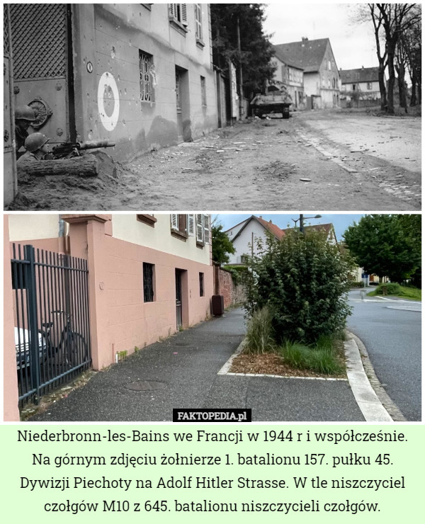 Niederbronn-les-Bains we Francji w 1944 r i współcześnie. Na górnym zdjęciu...