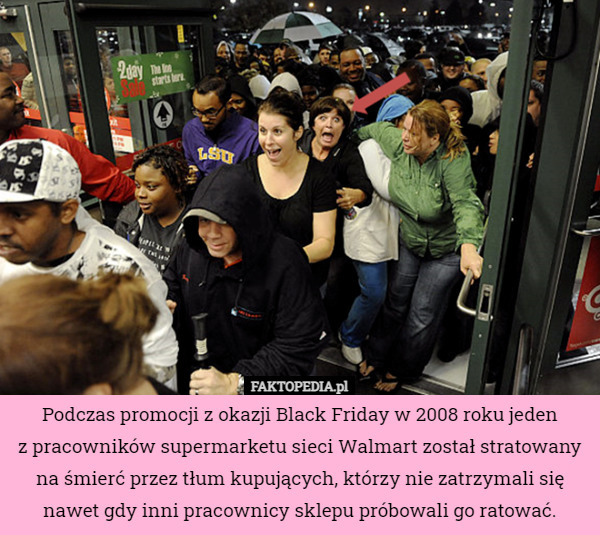 Podczas promocji z okazji Black Friday w 2008 roku jeden z pracowników supermarketu...