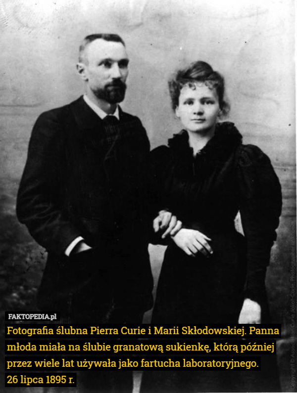 Fotografia ślubna Pierra Curie i Marii Skłodowskiej. Panna młoda miała na...