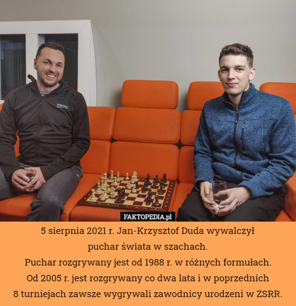 5 sierpnia 2021 r. Jan-Krzysztof Duda wywalczył puchar świata w szachach.