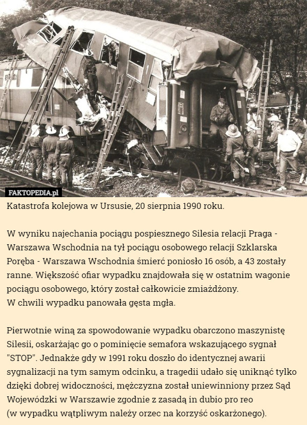 Katastrofa kolejowa w Ursusie, 20 sierpnia 1990 roku. W wyniku najechania...