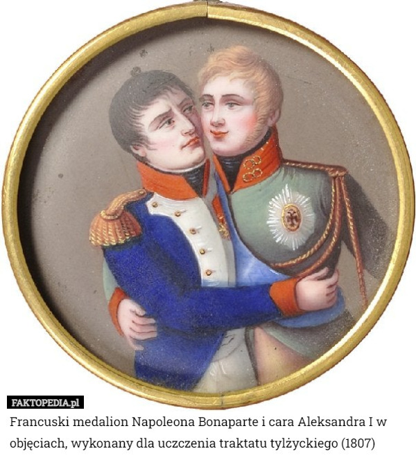 Francuski medalion Napoleona Bonaparte i cara Aleksandra I w objęciach,