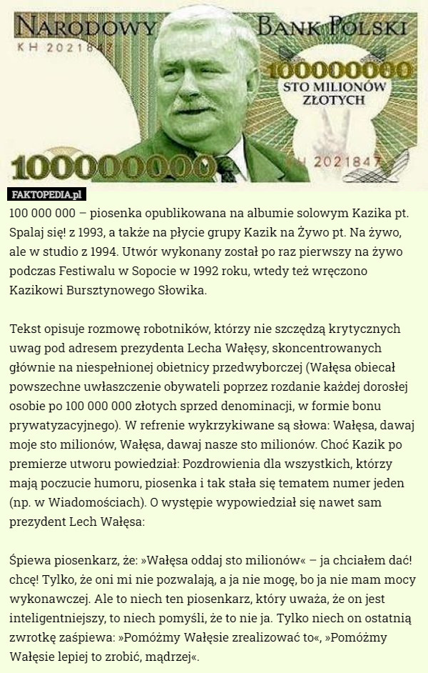 100 000 000 – piosenka opublikowana na albumie solowym Kazika pt. Spalaj...