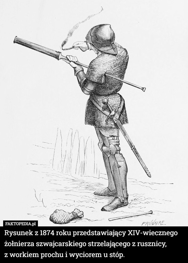 Rysunek z 1874 roku przedstawiający XIV-wiecznego żołnierza szwajcarskiego...