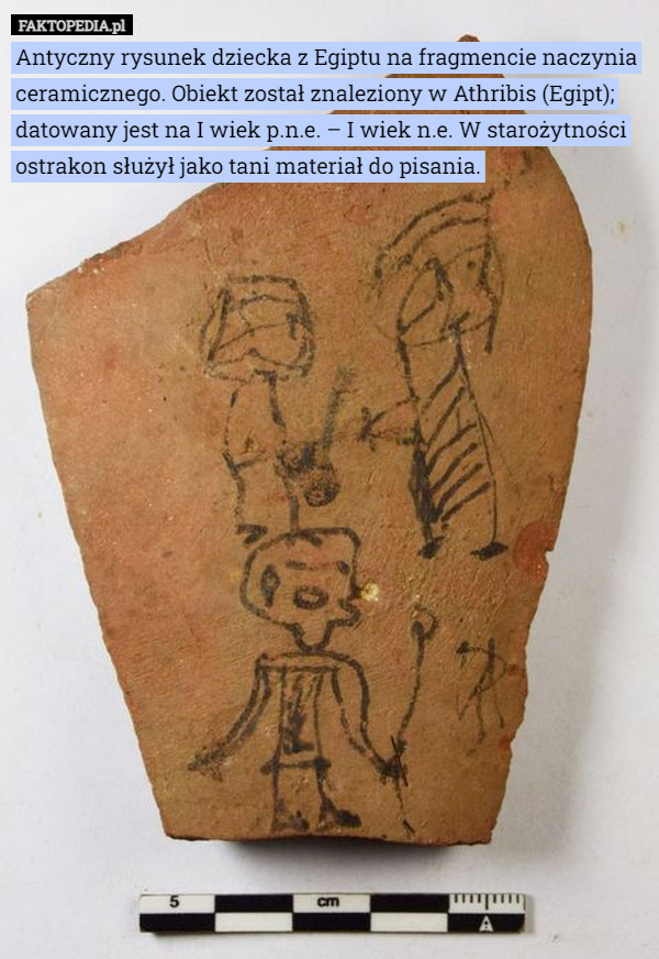 Antyczny rysunek dziecka z Egiptu na fragmencie naczynia ceramicznego. Obiekt