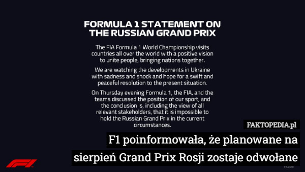 F1 poinformowała, że planowane na sierpień Grand Prix Rosji zostaje odwołane