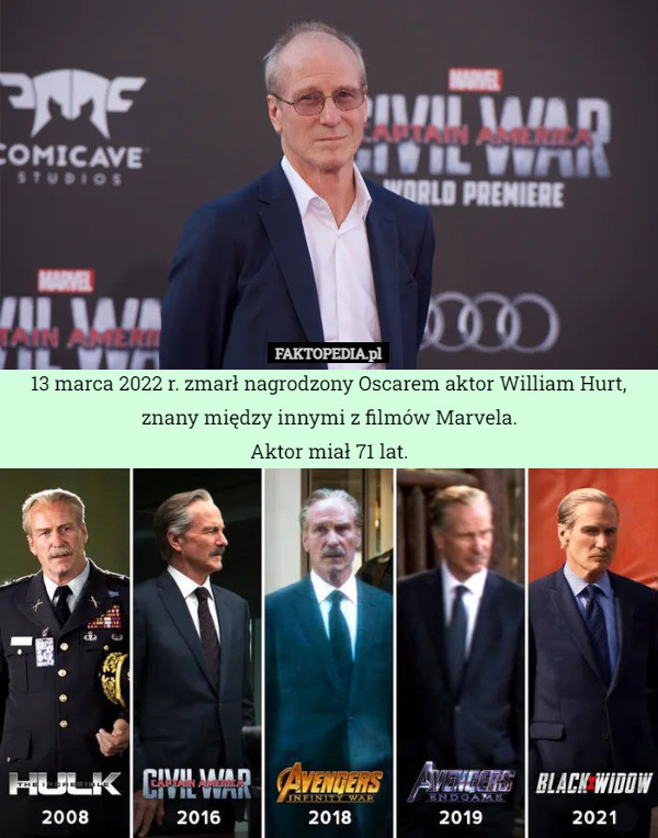 13 marca 2022 r. zmarł nagrodzony Oscarem aktor William Hurt, znany między...