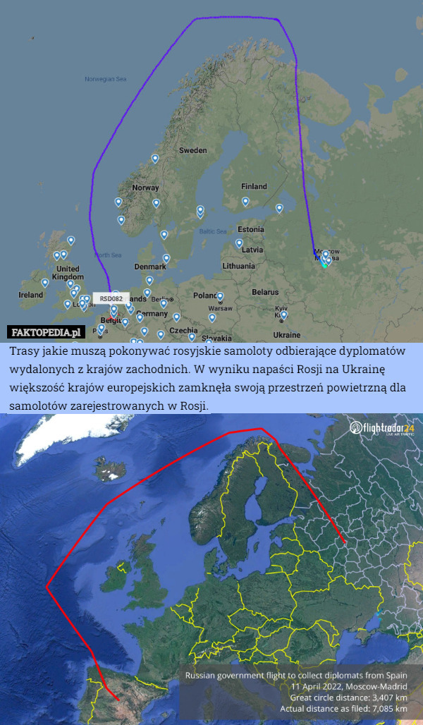 Trasy jakie muszą pokonywać rosyjskie samoloty odbierające dyplomatów wydalonych