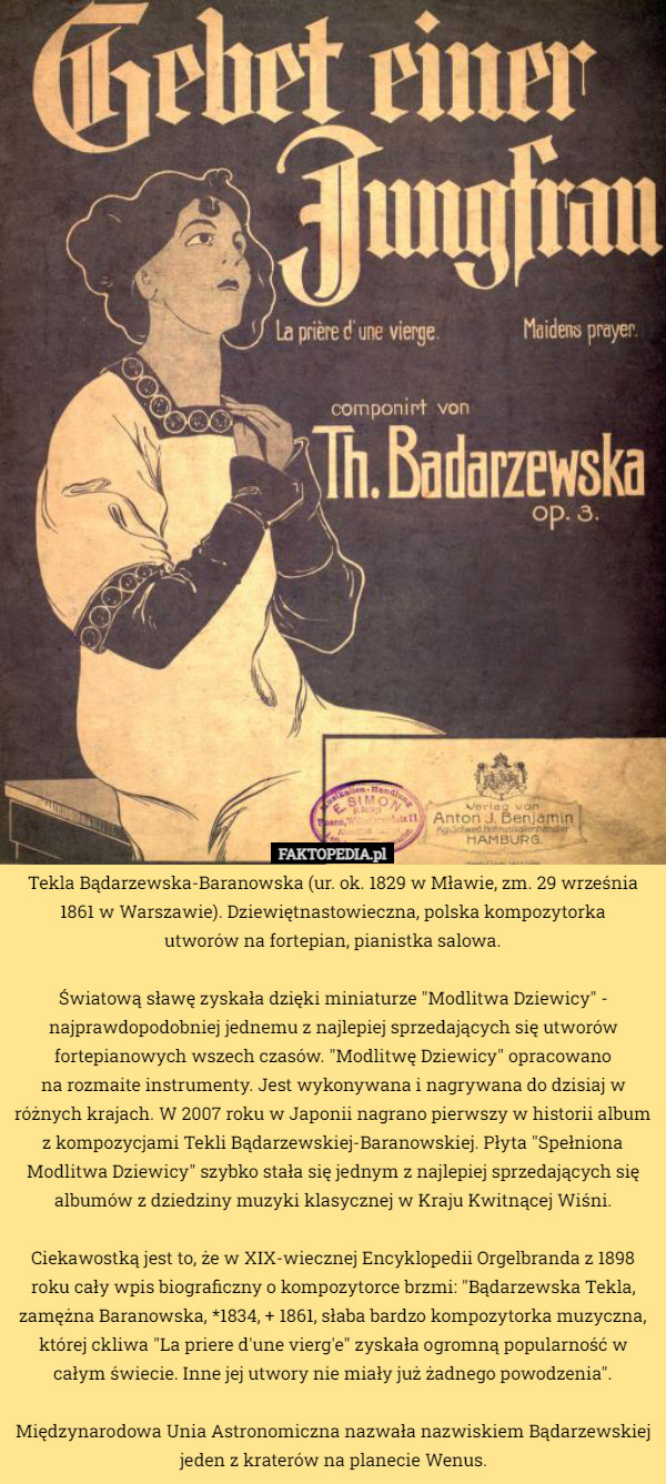 Tekla Bądarzewska - Baranowskaur. ok. 1829 w Mławie, zm. 29 września 1861