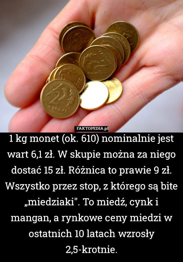 1 kg monet (ok. 610) nominalnie jest wart 6,1 zł. W skupie można za niego