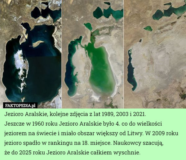 Jezioro Aralskie, kolejne zdjęcia z lat 1989, 2003 i 2021.Jeszcze w 1960