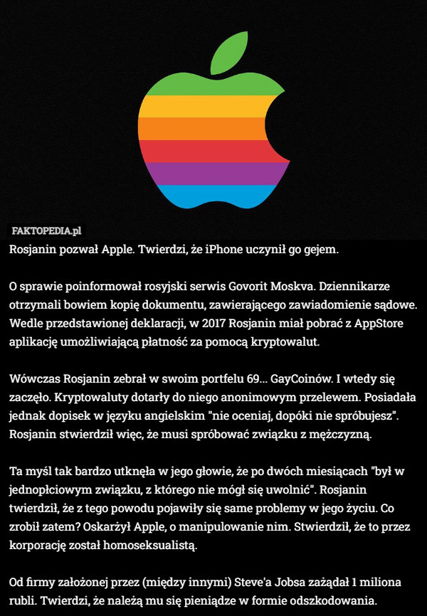 Rosjanin pozwał Apple. Twierdzi, że iPhone uczynił go gejem.

O sprawie