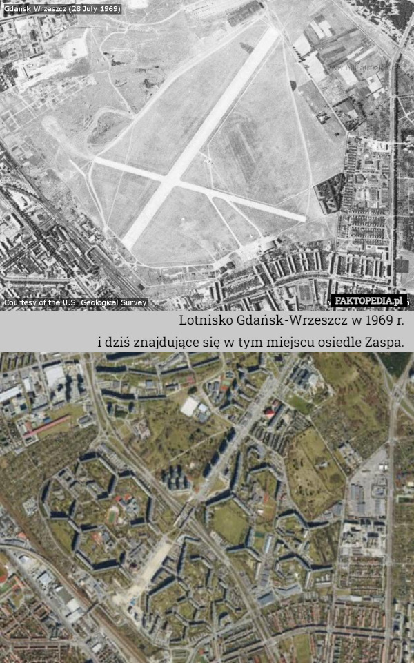 Lotnisko Gdańsk-Wrzeszcz w 1969 r.
i dziś znajdujące się w tym miejscu osiedle