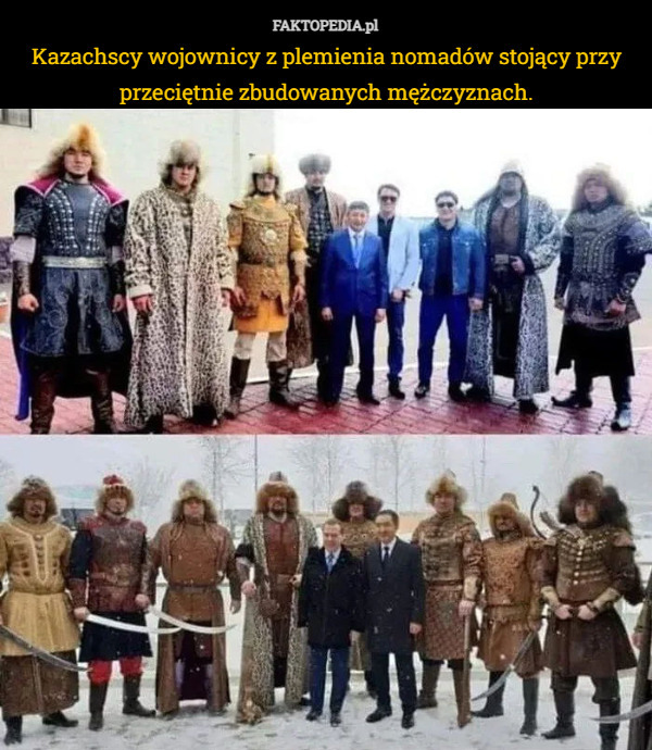 Kazachscy wojownicy z plemienia nomadów stojący przy przeciętnie zbudowanych