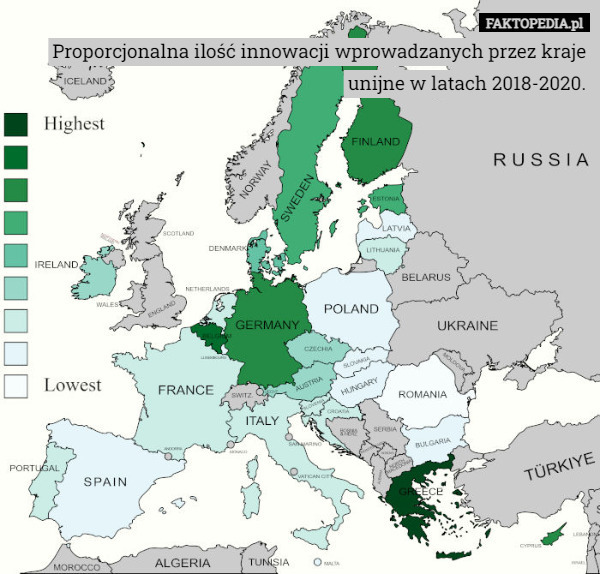 Proporcjonalna ilość innowacji wprowadzanych przez kraje unijne w latach
