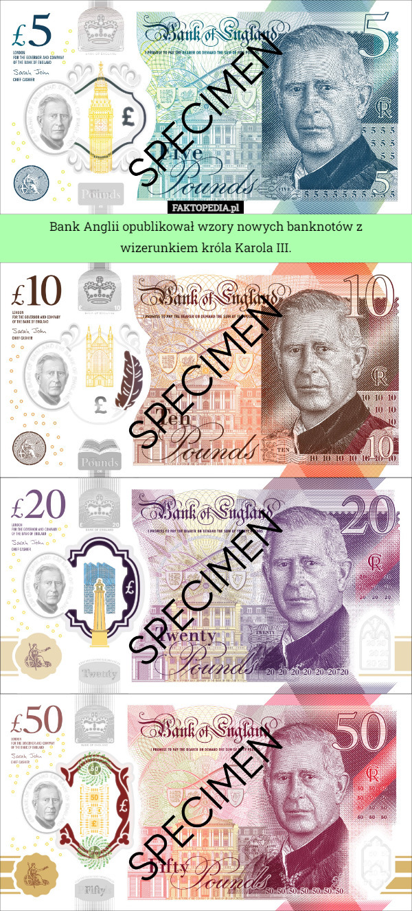 Bank Anglii opublikował wzory nowych banknotów z wizerunkiem króla Karola