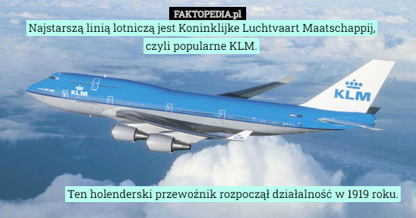Najstarszą linią lotniczą jest Koninklijke Luchtvaart Maatschappij, czyli