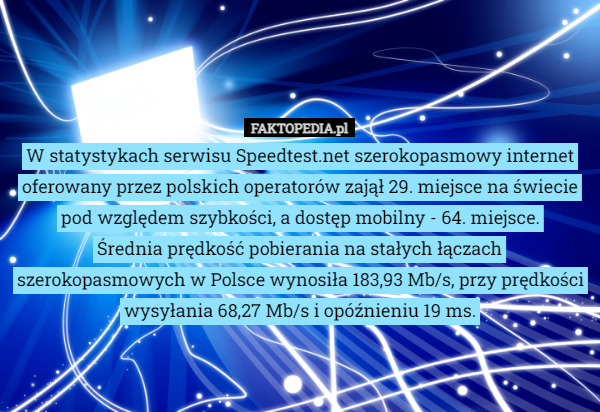 W statystykach serwisu Speedtest.net szerokopasmowy internet oferowany przez...