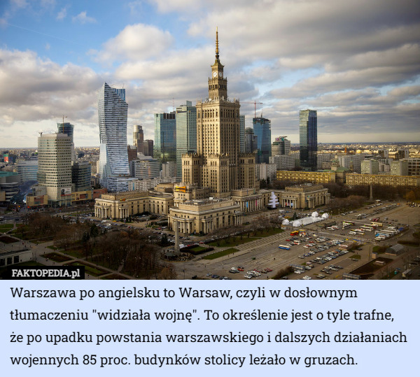 Warszawa po angielsku to Warsaw, czyli w dosłownym tłumaczeniu "widziała...