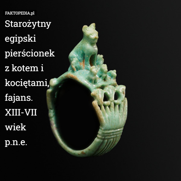 Starożytny egipski pierścionek z kotem i kociętami, fajans. XIII-VII wiek...
