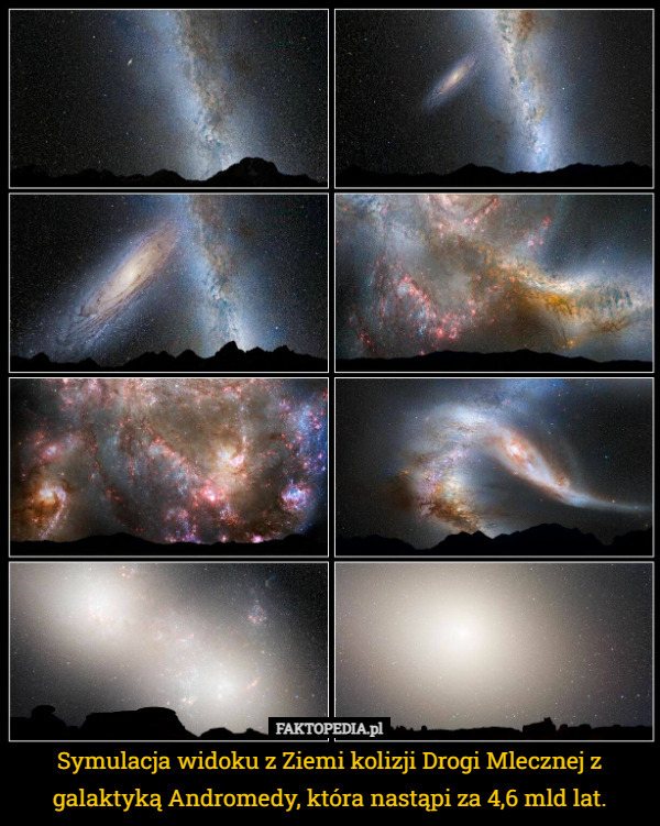 Symulacja widoku z Ziemi kolizji Drogi Mlecznej z galaktyką Andromedy, która
