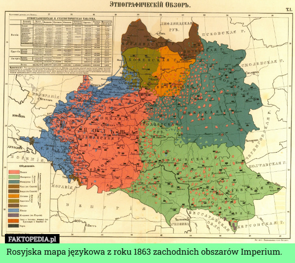 Rosyjska mapa językowa z roku 1863 zachodnich obszarów Imperium.