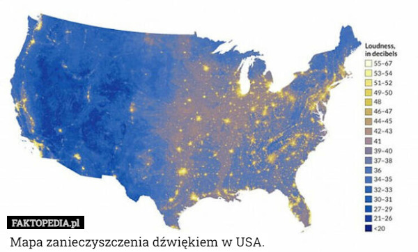 Mapa zanieczyszczenia dźwiękiem w USA.