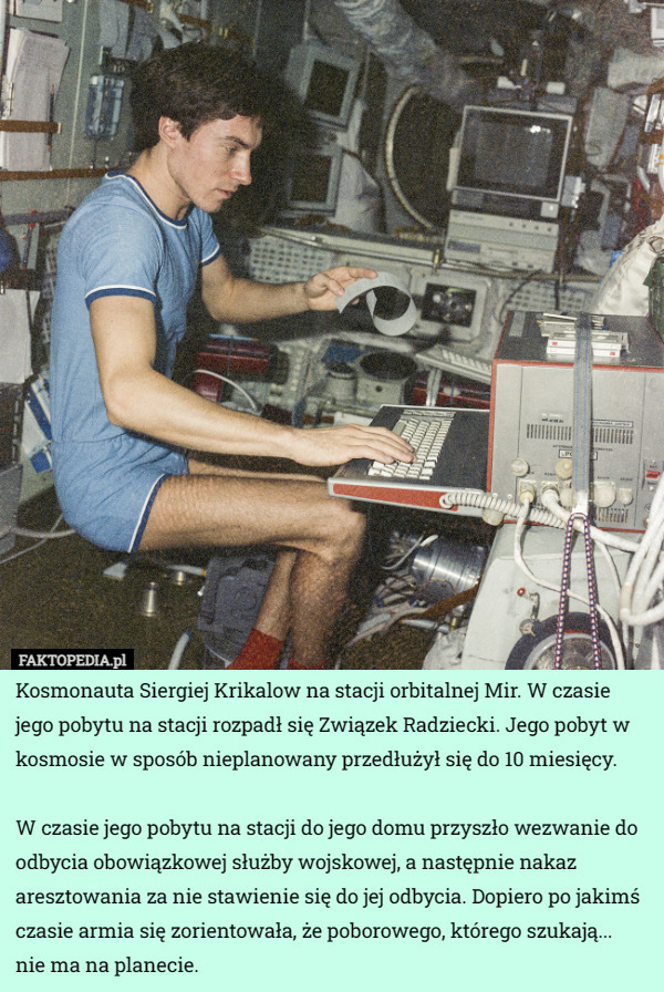 Kosmonauta Siergiej Krikalow na stacji orbitalnej Mir. W czasie jego pobytu...