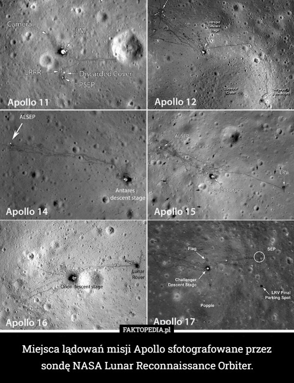 Miejsca lądowań misji Apollo sfotografowane przez sondę NASA Lunar Reconnaissance...