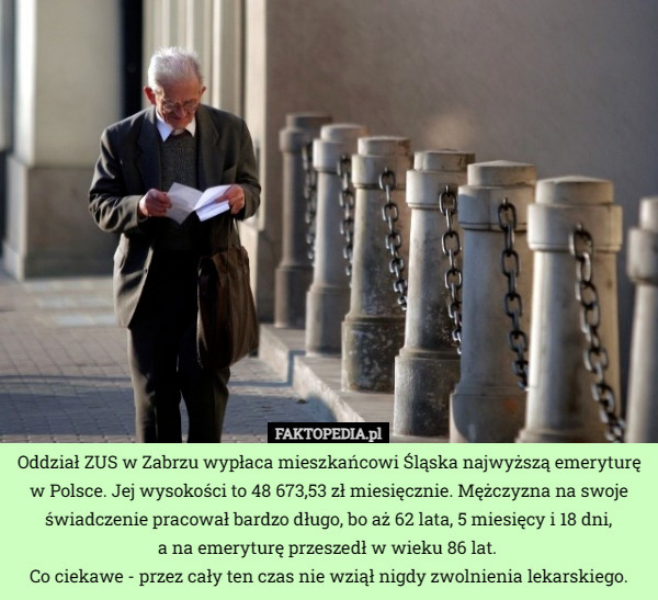 Oddział ZUS w Zabrzu wypłaca mieszkańcowi Śląska najwyższą emeryturę w Polsce...