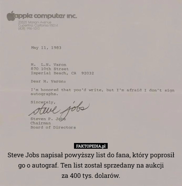 Steve Jobs napisał powyższy list do fana, który poprosił go o autograf...